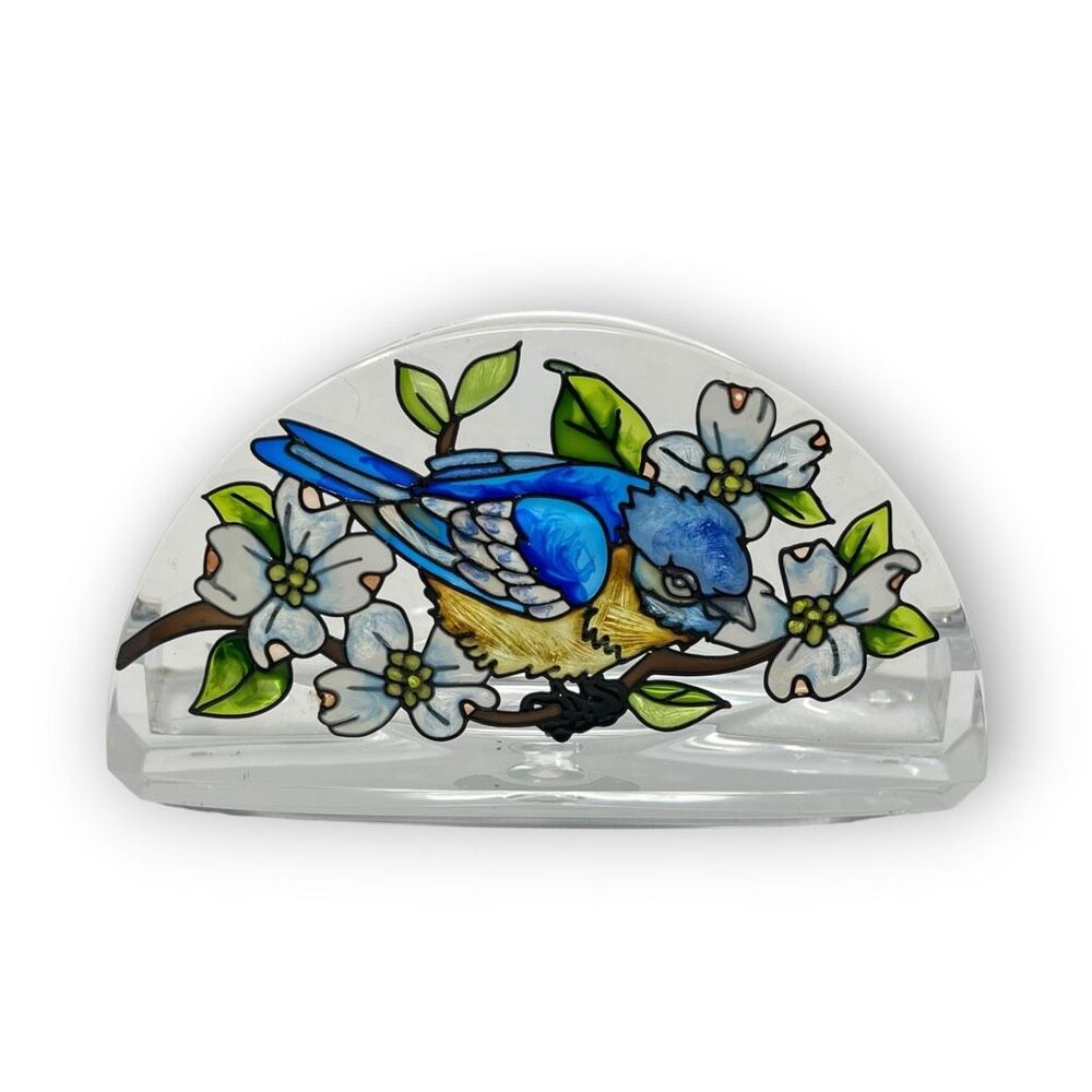 Vintage Amia Handpainted Blue Jay Bird Stained Glass Style Acrylic Napkin Holder